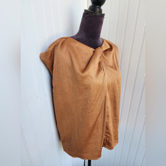 Nine West Brown Tan Womens Boho Sleeveless Satin Knot Detail Textured Top XL - Picture 2 of 13